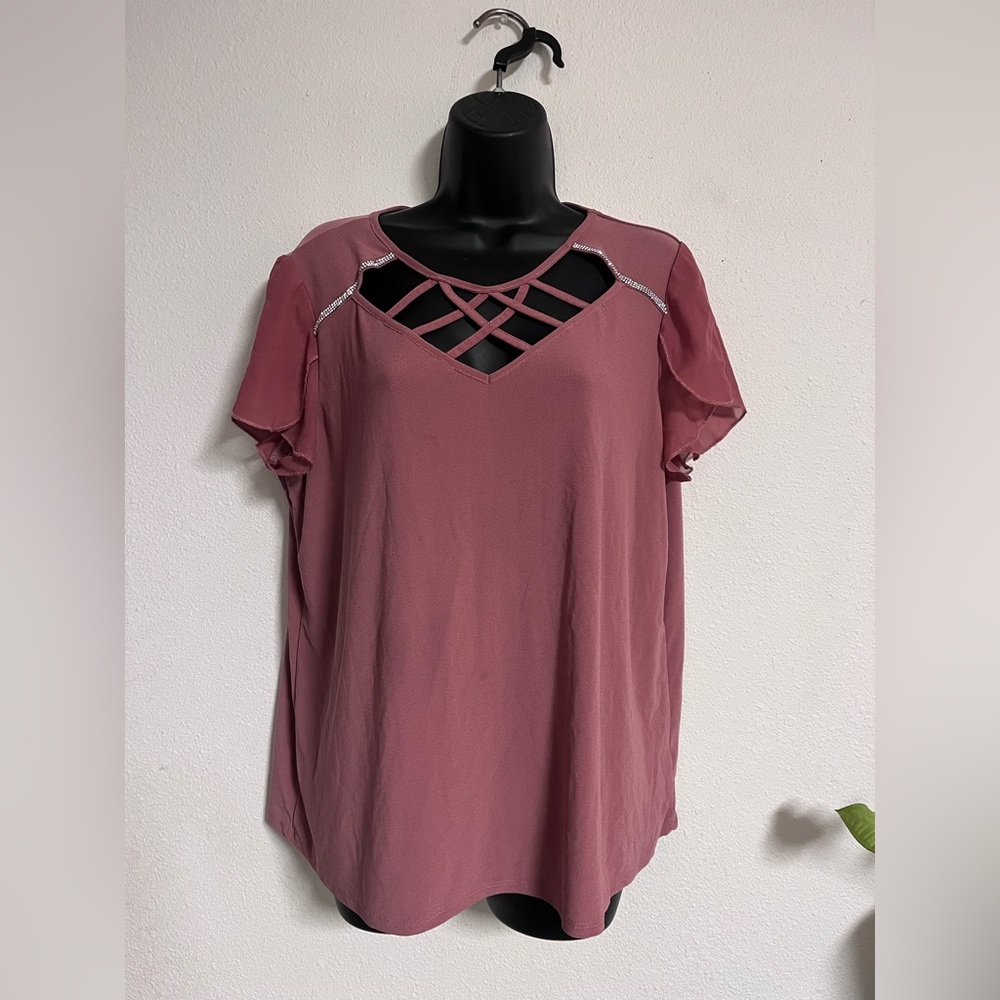 89th & Madison Pink Blouse with Crisscross Neckline